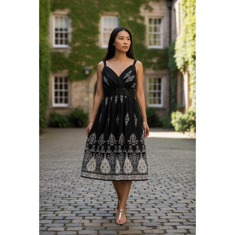 Alyn Paige New York Black White Print Midi Dress Tie Waist Straps